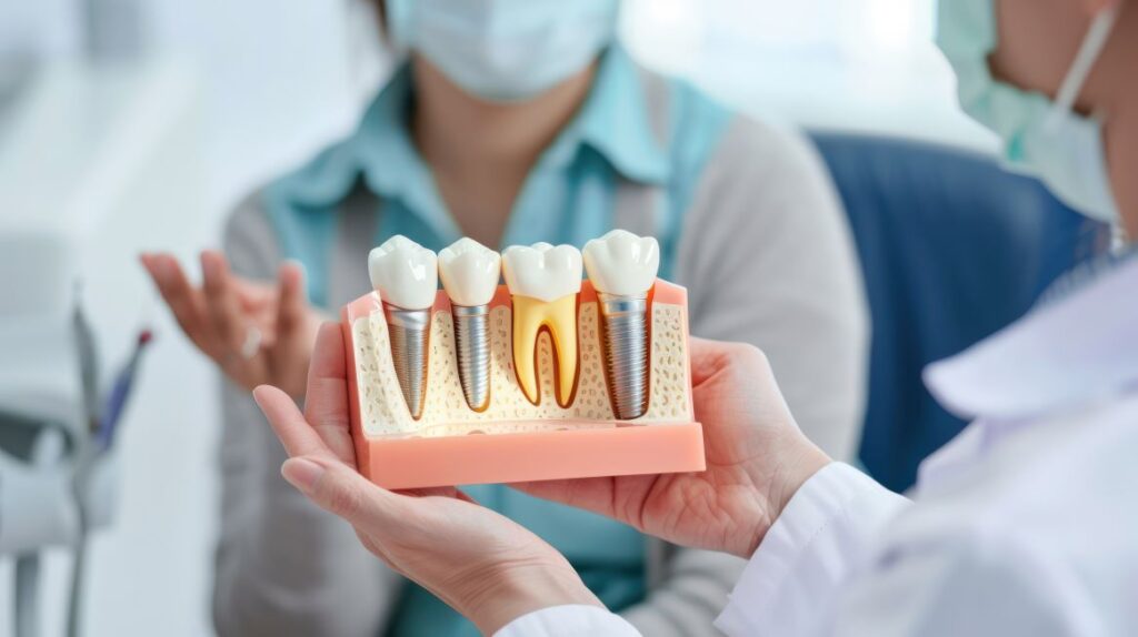 A dentist showing a patient a model of a jaw with dental implants.